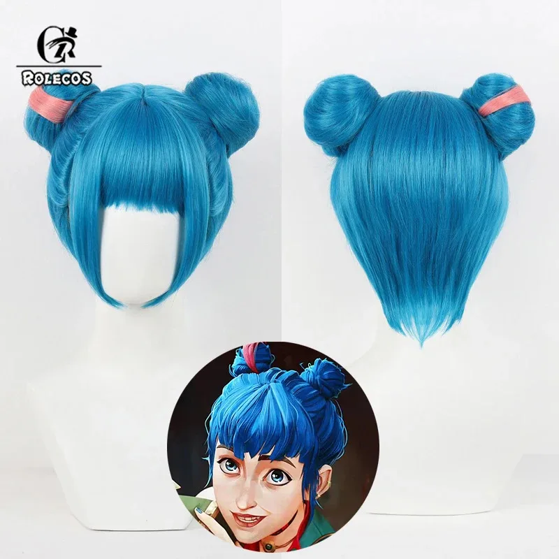 

ROLECOS Game LOL Arcane 2 Jinx Double Bun Косплей Парики Arcane Jinx 30 см Короткий синий смешанный розовый парик Термостойкие синтетические волосы