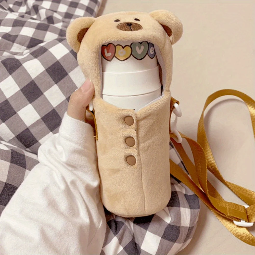 1pc Cute Bear Element Design Bottle Anti-Scalding Protective Cover Outdoor Portable Design Can Be Carried Cross-Body Home Outdor