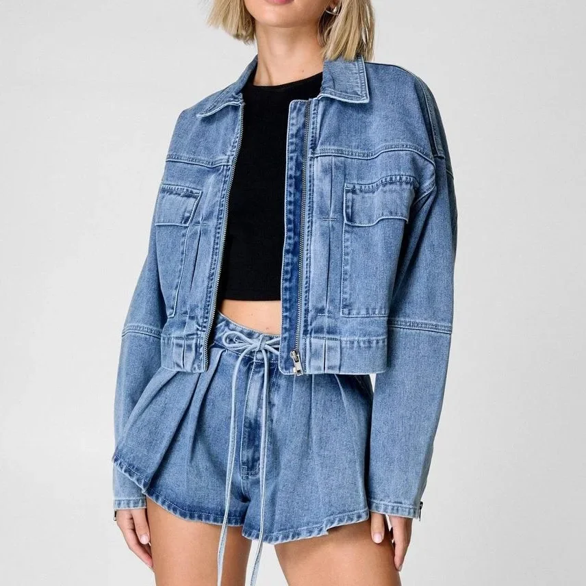 

Denim 2 Piece Sets Women Shorts Coat Pockets Lace Up Y2k Tops Jeans Jackets Short Pants Jacket 2025 Streetwear Outfits Biker