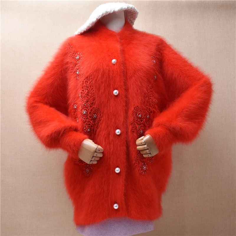 

Female Women Fall Winter Thick Warm Red Embroidery Hairy Angora Rabbit Hair Knitted Long Batwing Sleeves Loose Cardigans Jacket