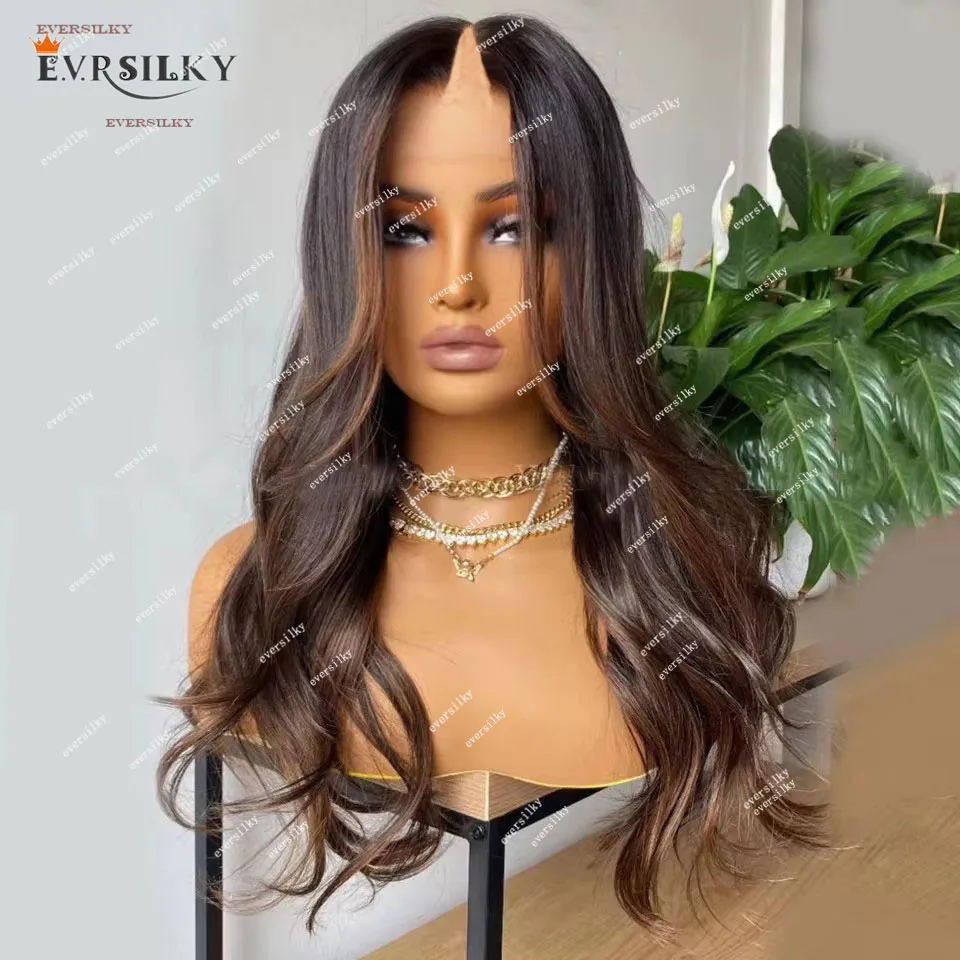 Highlight Chocolate Brown Body Wave V Part Wigs Chestnut Ash Blonde Loose Wave U Part Wig 100% Human Hair 200Density Full End