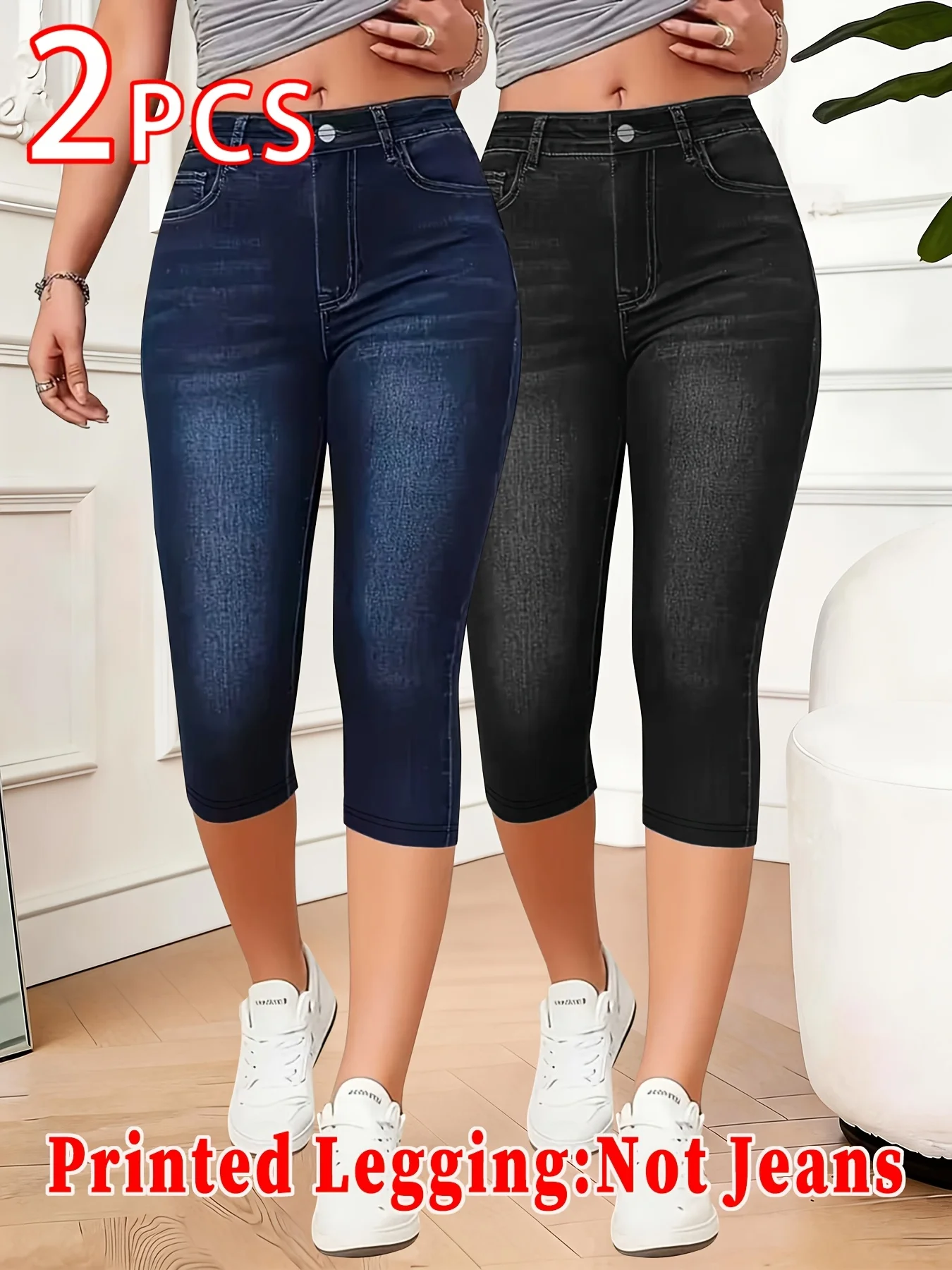 2-pack faux denim printed capri leggings. High-elastic and slim-fitting, ideal for sports, casual and various styles of wear.