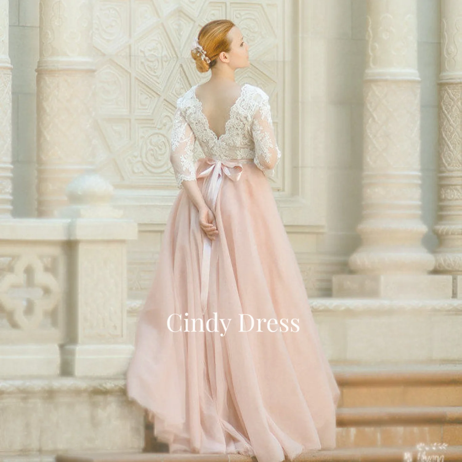 

Cindy Pink Lace A-line V-neck Long Sleeves Elegant Dresses for Women Wedding Party Dress Woman Evening Weddings Quinceanera 2023