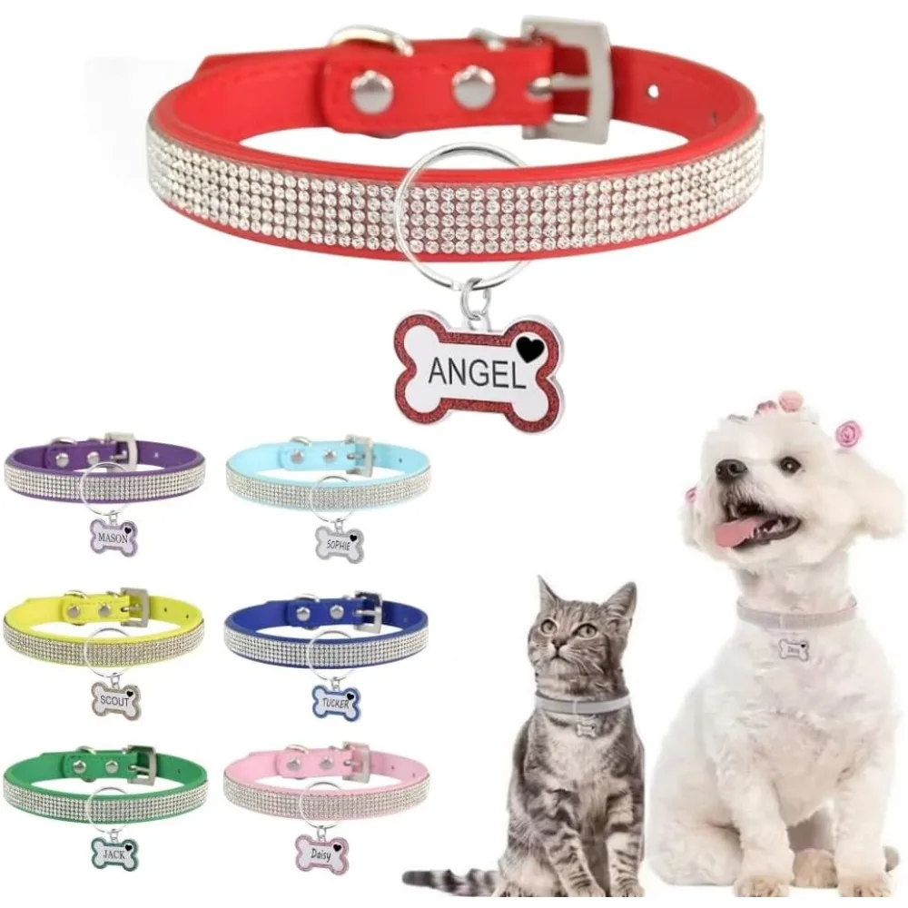 

Customized Pet Collar Adorned with Diamond Rhinestones Adjustable Personalized Leather Dog Collar with Tag for Dogs Cats
