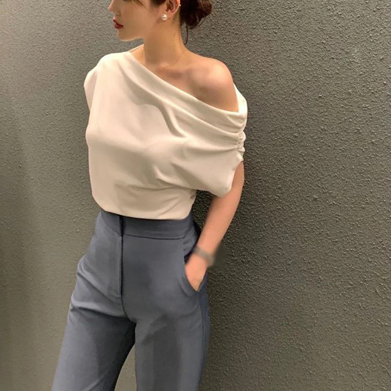 Slant Shoulder Loose Top For Women Short Sleeved Irregular T-Shirt Korean Version Elegant Solid Color Casual Bottoming Shirt