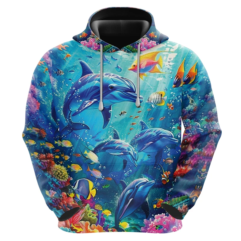 Men's Dolphin Graphics Hooded Sweatshirt Fashion 3D Intelligent Fish Printed Pullover Hoodie Trend Streetwear Oversized Tops