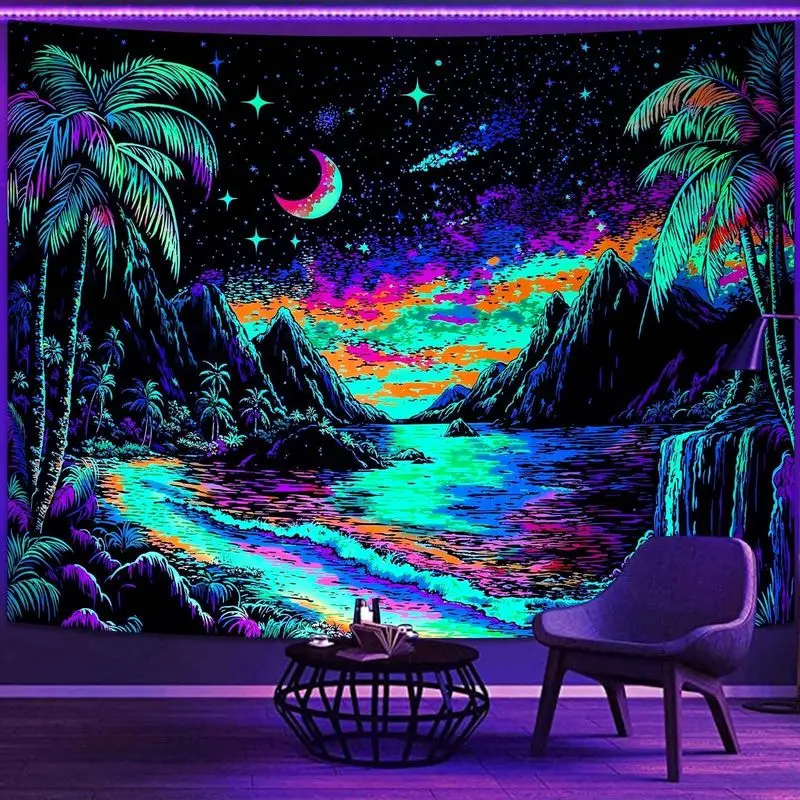 VIKAMA Black Light Tropical Strand Fan Palm Crescent Stars UV Active Tapestry Mind Altering Wall Decor Accent Soft Durable Cozy