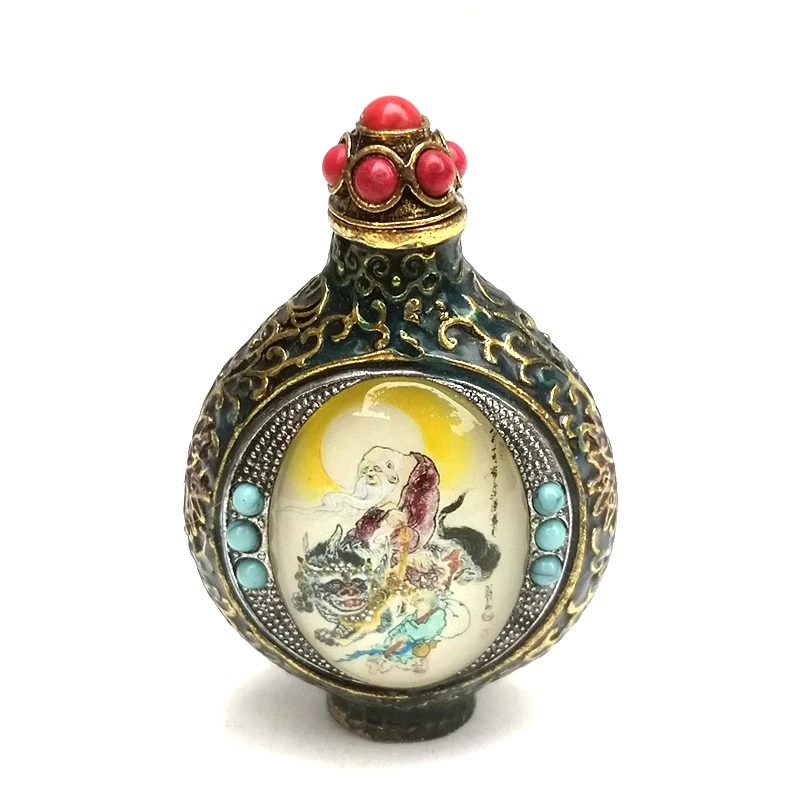 

YIZHU CULTUER ART Size 8 cm Old China Bronze Cloisonne Carving Inlay Lion Avalokitesvara Kylin Buddha painting Snuff bottles