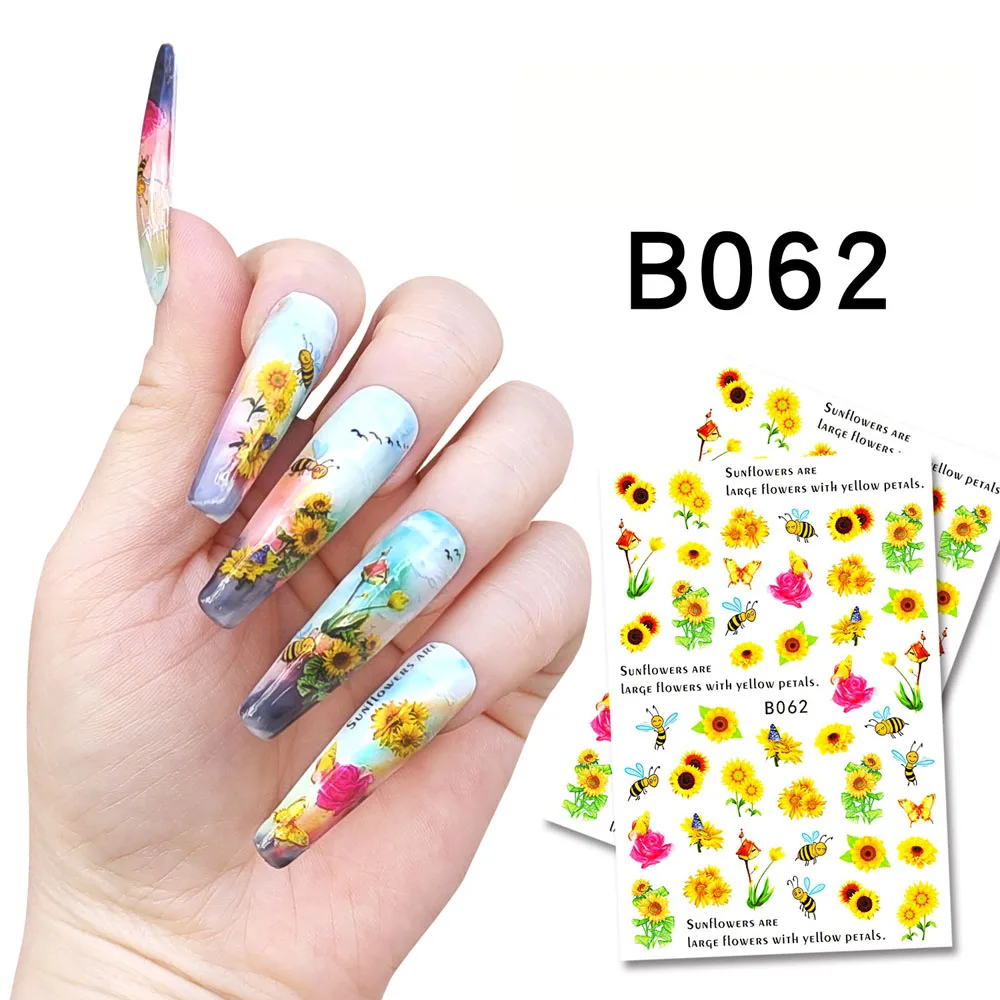 1 pçs 3d girassol adesivos de unhas auto-adesivo sol flor abelha borboleta pétalas manicure decorações da arte do prego decalques slider