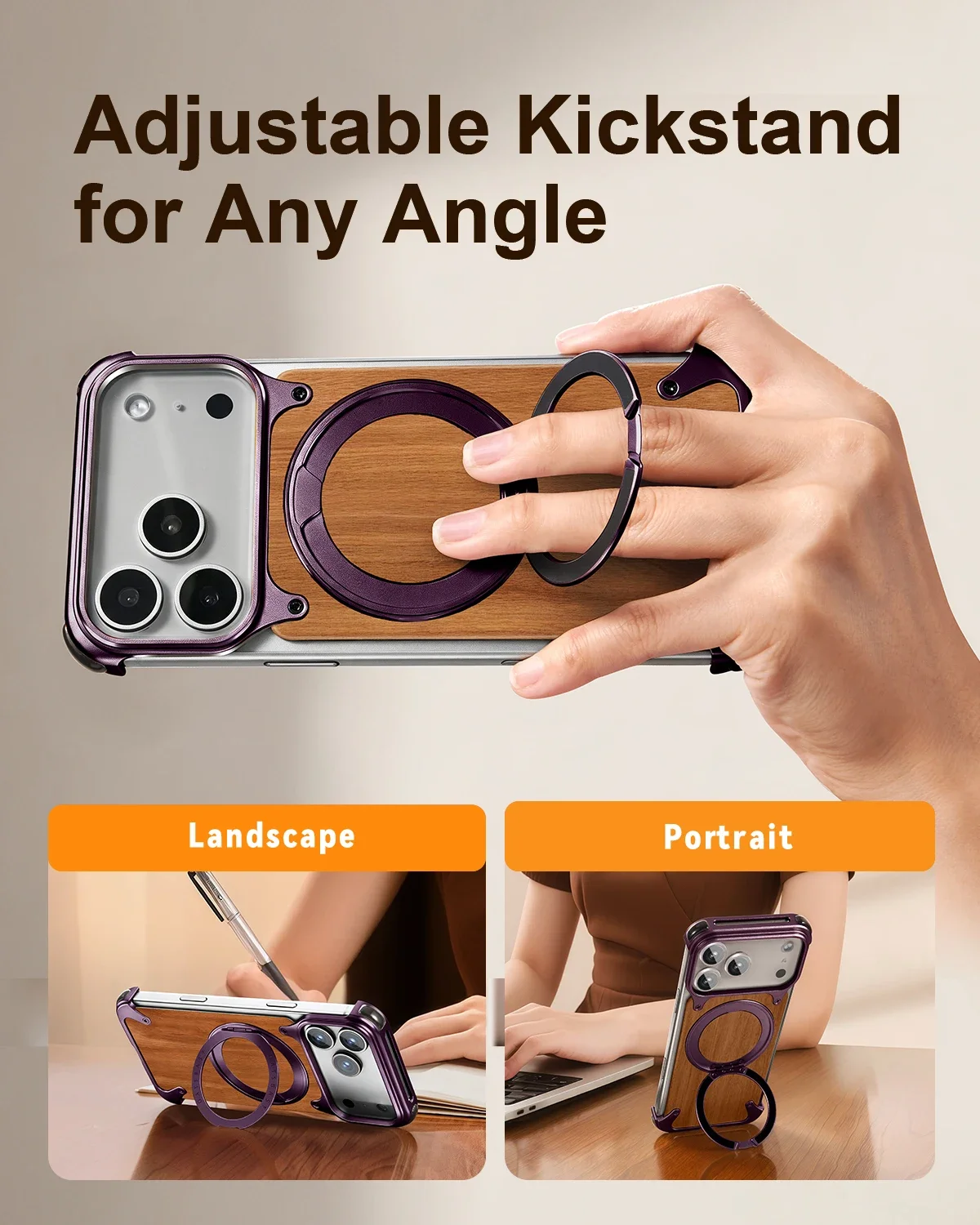 Eary for iPhone 18 Pro Max Wood Case with 360°Rotation Magnetic Stand Frameless Anti-Scratch Bumper Shock Protection Phone Cover