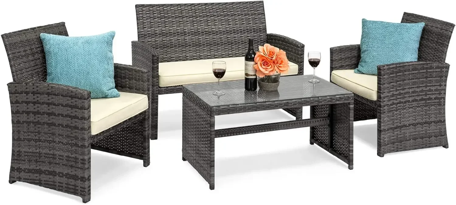 4-Piece Outdoor Wicker Patio Conversation Furniture Set for Backyard w/Coffee Table, Seat Cushions - Gray/Cream