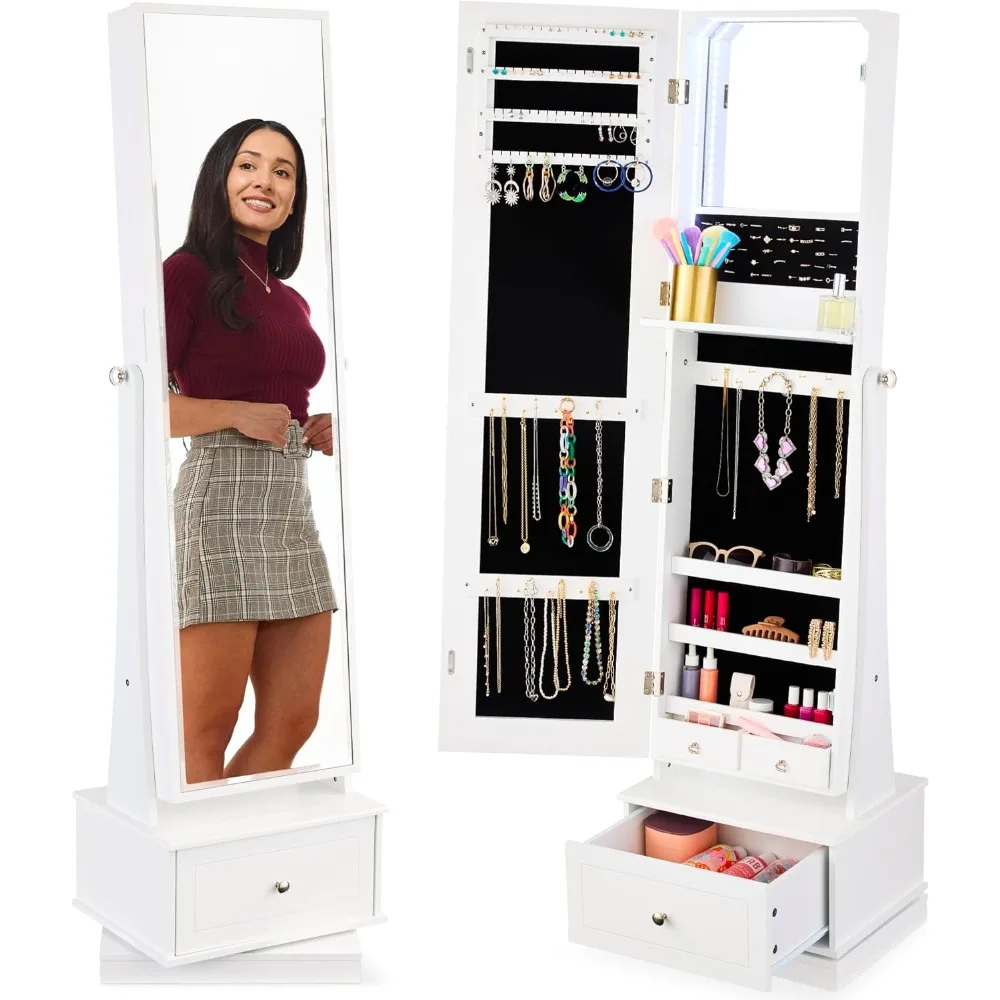 360 Swivel Mirrored Jewelry Cabinet, Standing Armoire, Makeup Storage Organizer, w/LED-lit Mirror, 3 Shelves