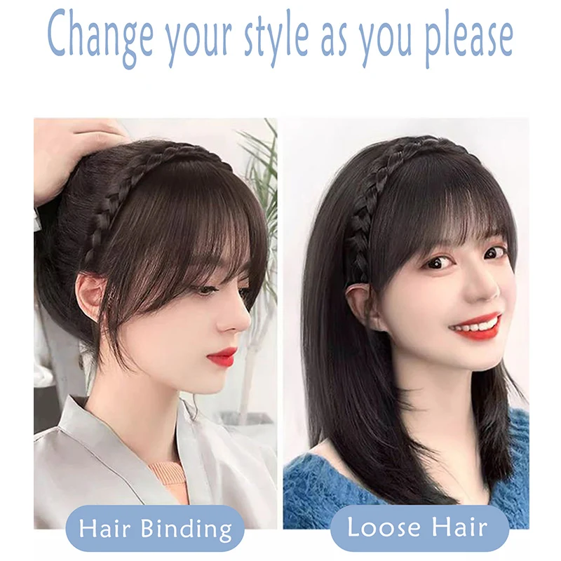 Peluca sintética con flequillo y patillas, diadema trenzada a la moda, diadema trenzada para mujer, extensión de cabello, pelucas trenzadas con flequillo