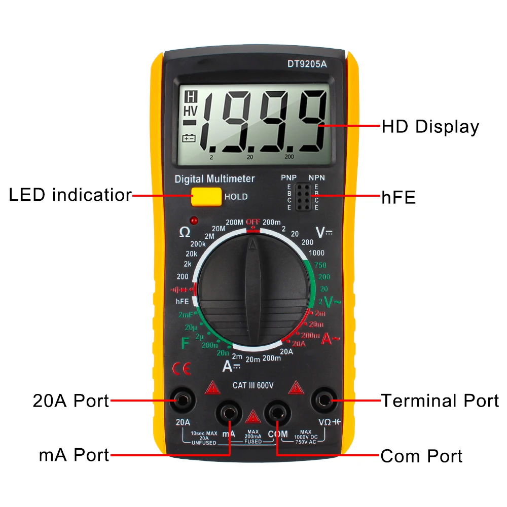 HFE Diode Multimeter Voltage Current Resistance Capacitance Tester Multimeter Measure Tool With Bazzer DC Professional AC