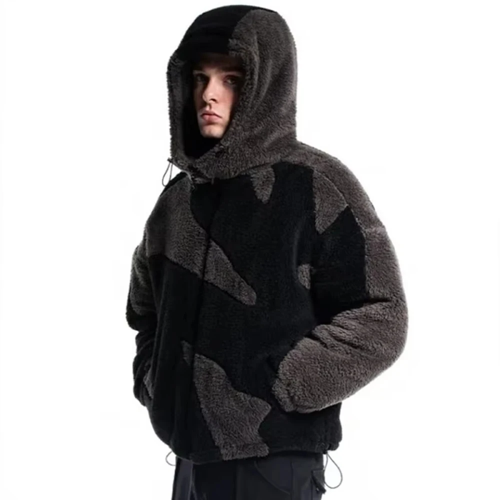 Autumn Winter Men Y2K Abstract Color Block Fleece Zip Up Hooded Jacket, Drawstring Hem Loose Streetwear Outerwear