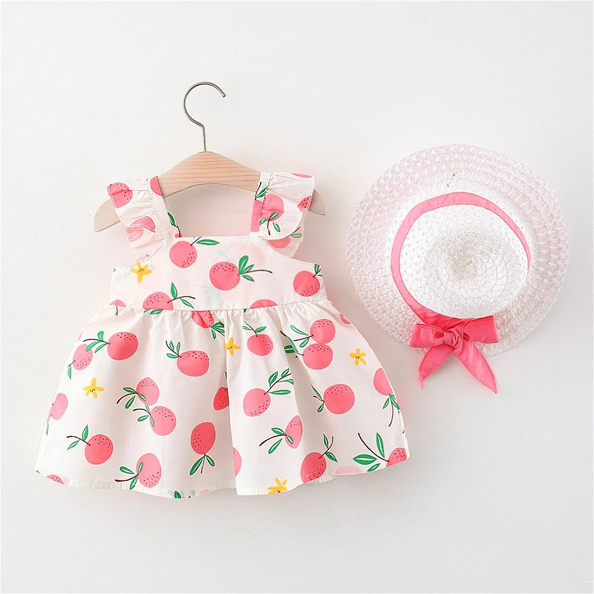 2Pcs/SetSummer girls dress children\'s clothing new small suspender bow orange print vest skirt with hat as a gift