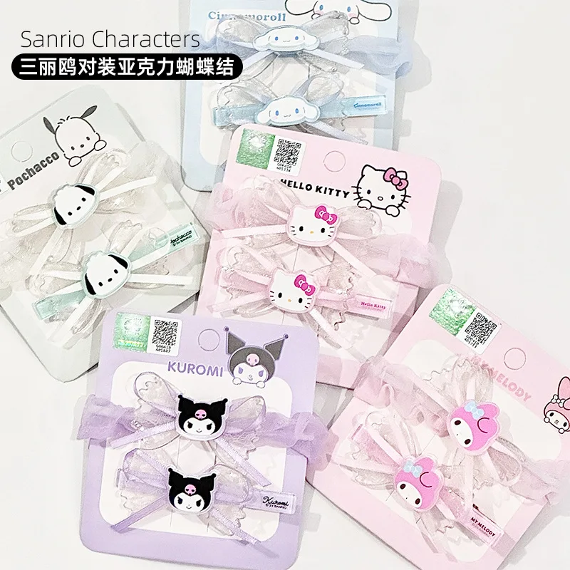 Kawaii Cinnamoroll Kuromi Hello Kitty Cartoon Lace Bow, acessórios para cabelo infantil, Anime Sanrio Hairpin, presente fofo para menina