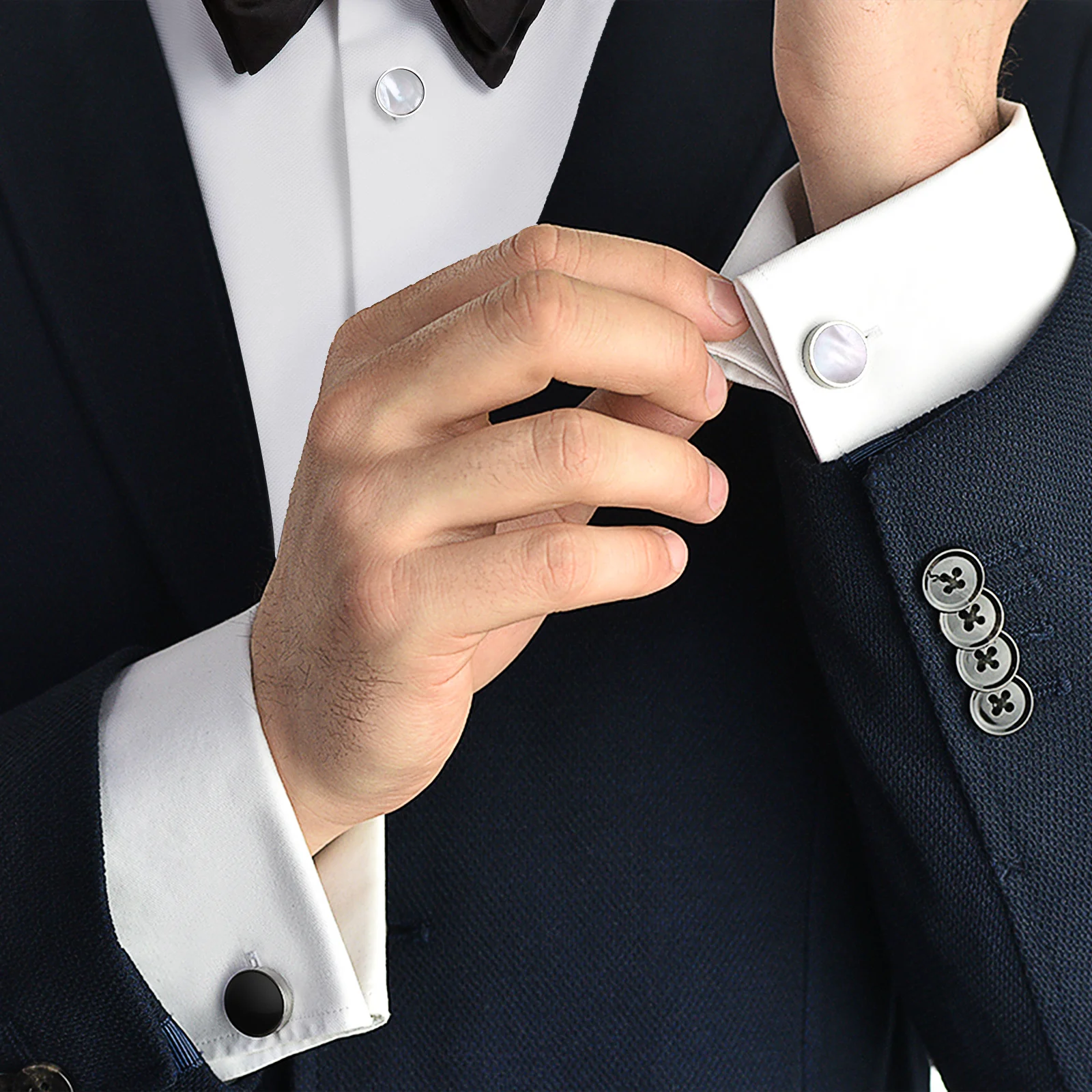 HAWSON Double sided Black Agate and Mother-of-Pearl Tuxedo Shirt Button and Cufflink Set,Specially Designed for Wedding Business