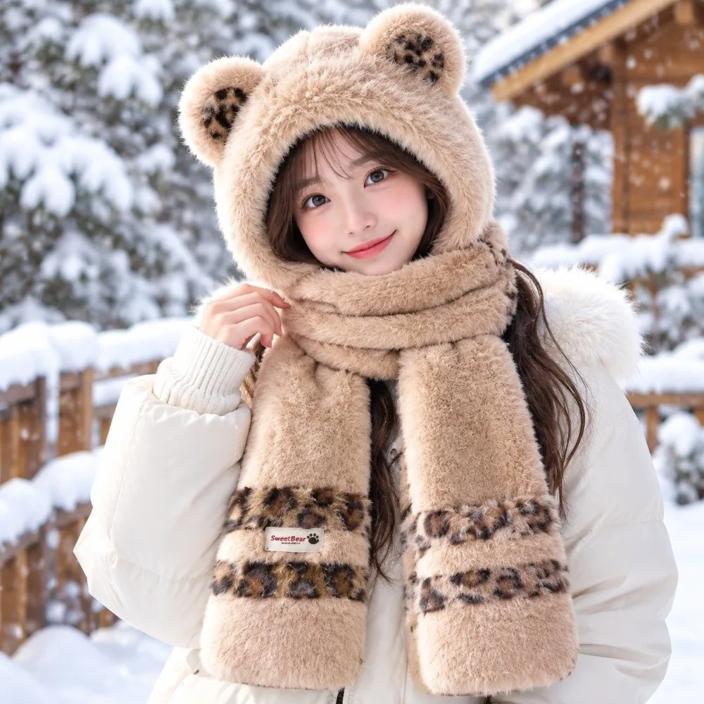 レジャー用、耳あて付き、ふわふわのクマ耳帽子、冬用ビブ、スカーフ、帽子、手袋のセット。どんな服装にも合わせやすい、かわいい冬用ニット帽、子供用。