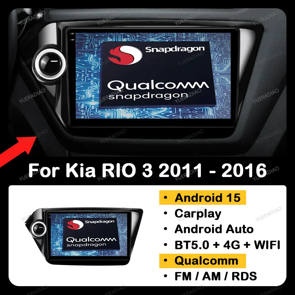 أندرويد 15 Carplay Auto لكيا ريو 3 2011 - 2016 نظام تحديد المواقع نافي QLED 2DIN مشغل فيديو ستيريو الوسائط المتعددة 4G واي فاي كوالكوم BT LTE 5G