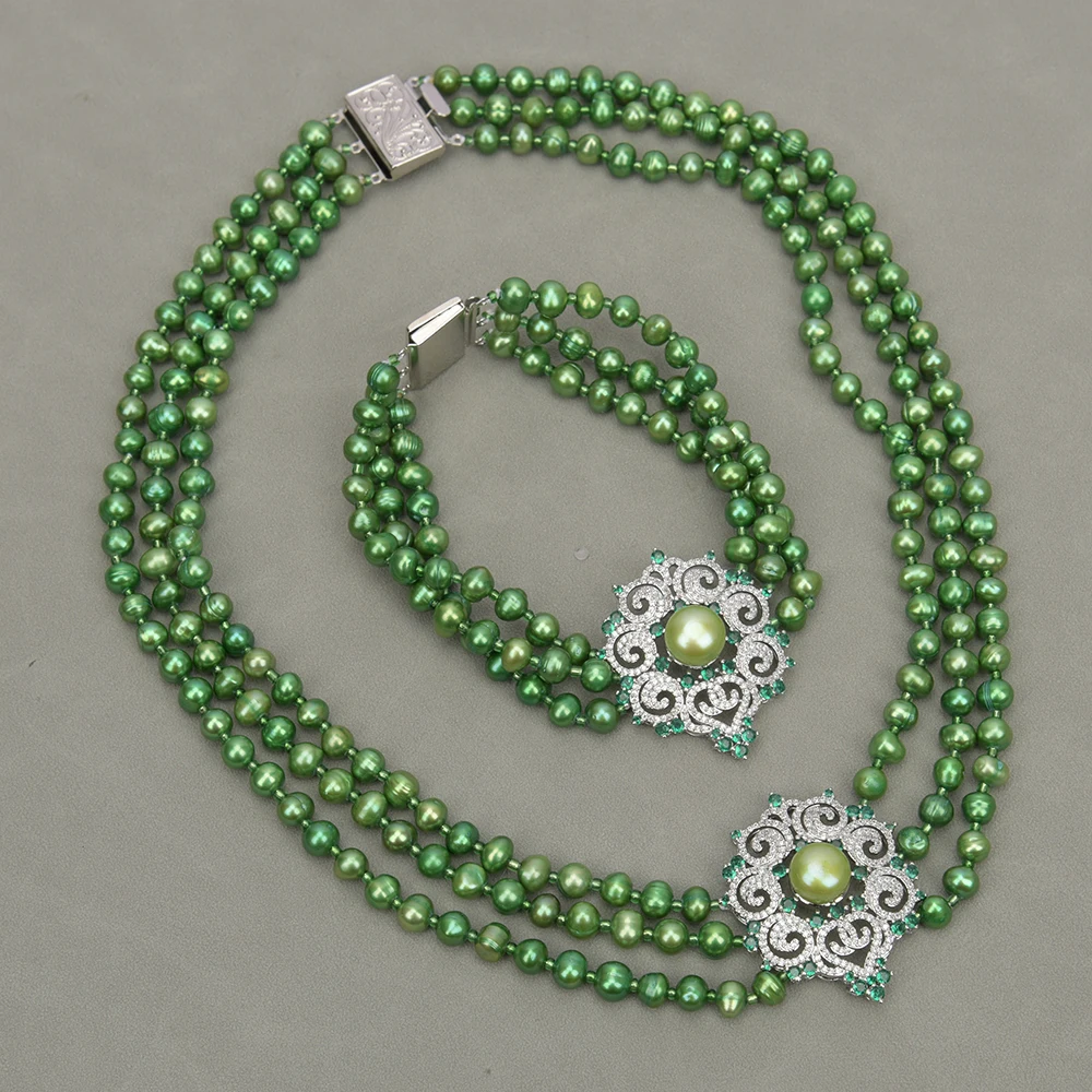 G-G 3 Strands Natural Green Pearl Potato Round Beaded Crystal CZ Connector Necklace Bracelet Sets Multi Rows Jewelry For Lady