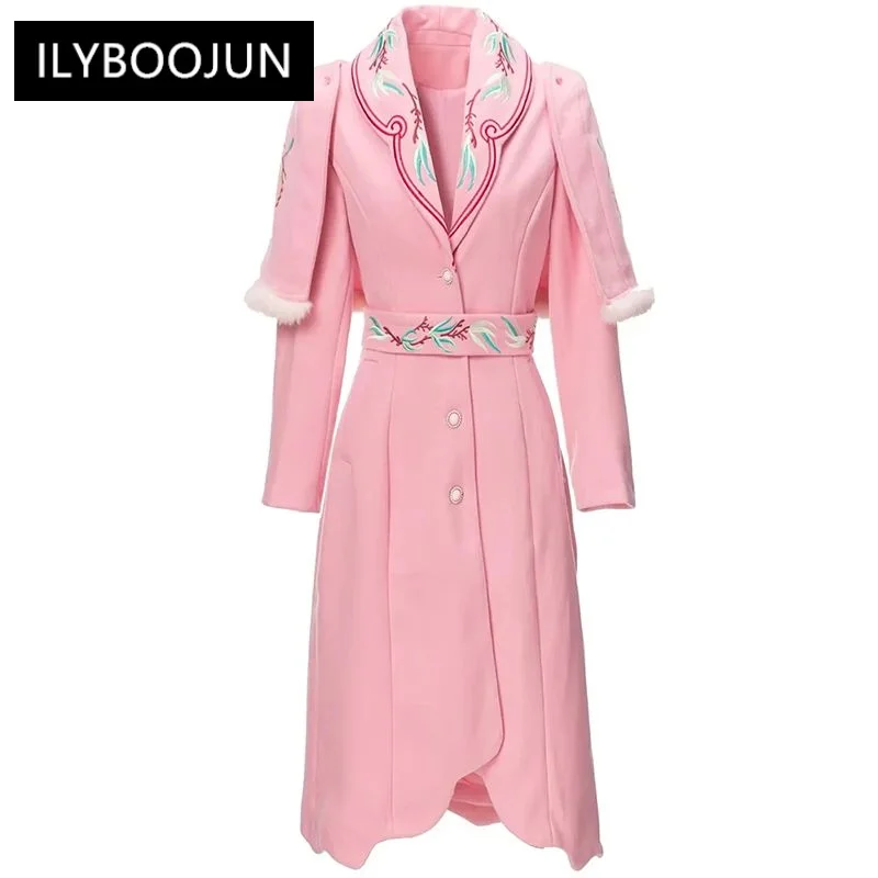 

Autumn Embroidery Coat Women Long Sleeve Lace-up Single Breasted Outerwear + Feathers Cloak