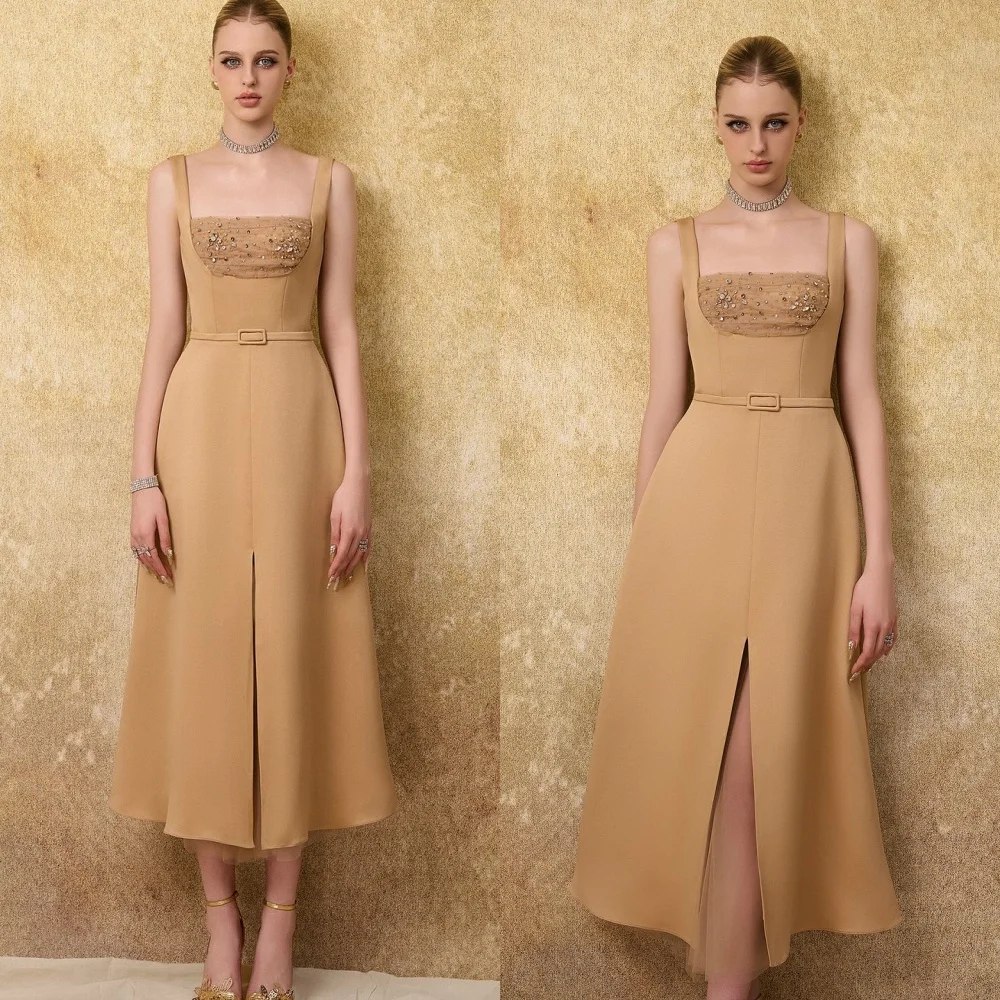 Abito da sera senza maniche classico personalizzato con colletto quadrato Temperamento Abiti da ballo in raso Abiti da ritorno a casa in cristallo delicato