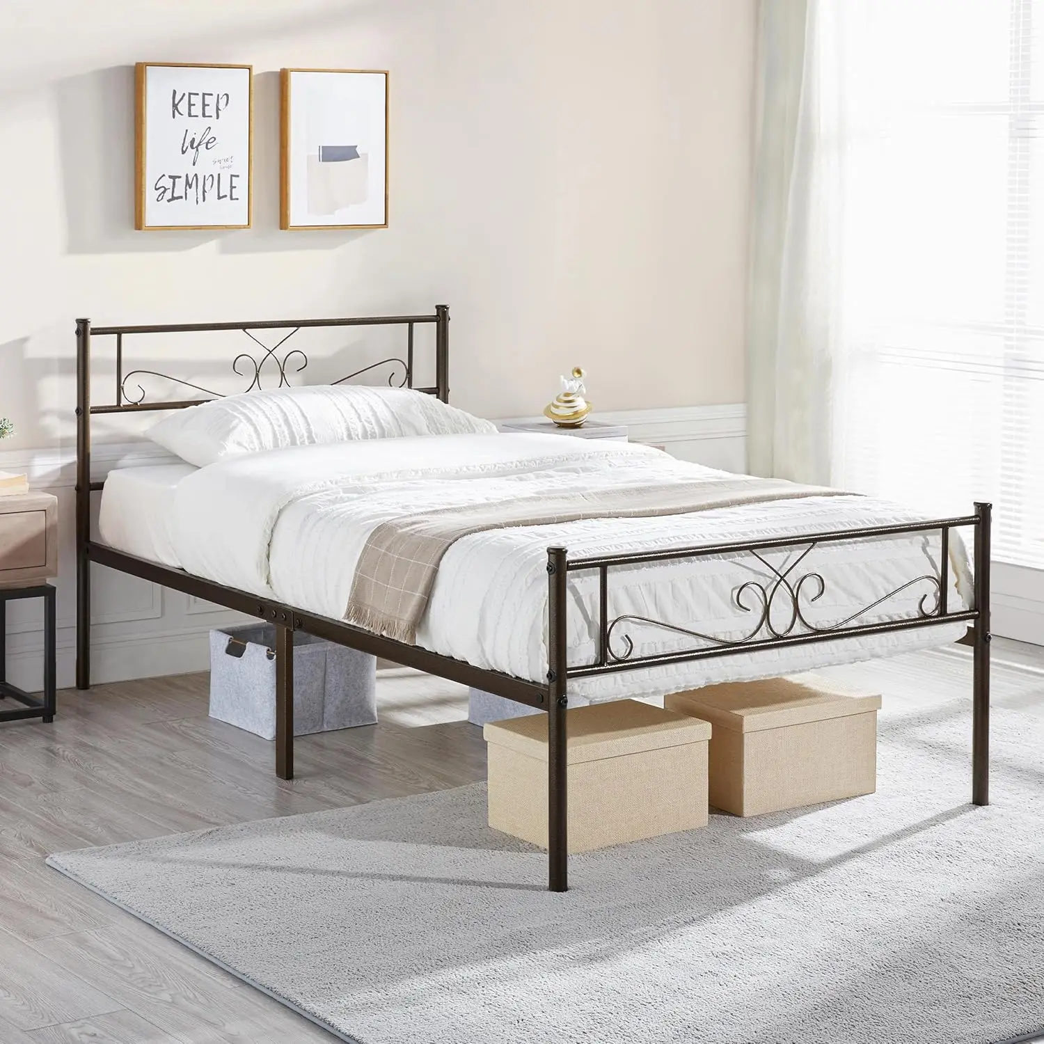 Double bed frame metal platform bed with headboard and footrest, easy to assemble, ground clearance: 12.6 inches/bronze