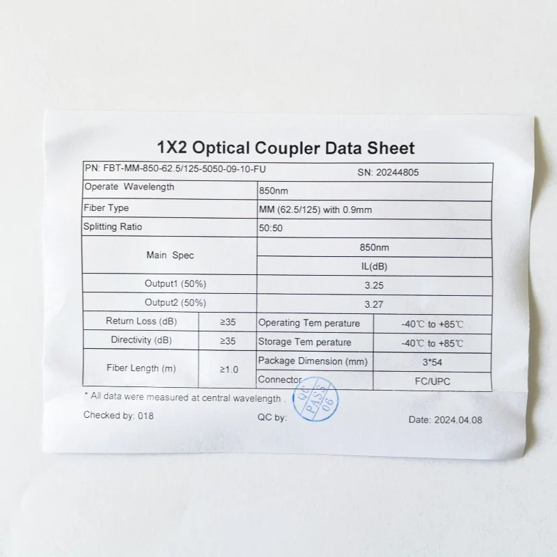 fiber coupler 1X2 multimode optical splitter 1*2 splitter OM1 OM2 850nm 62.5/125um FC/PC 50/125um 2pcs