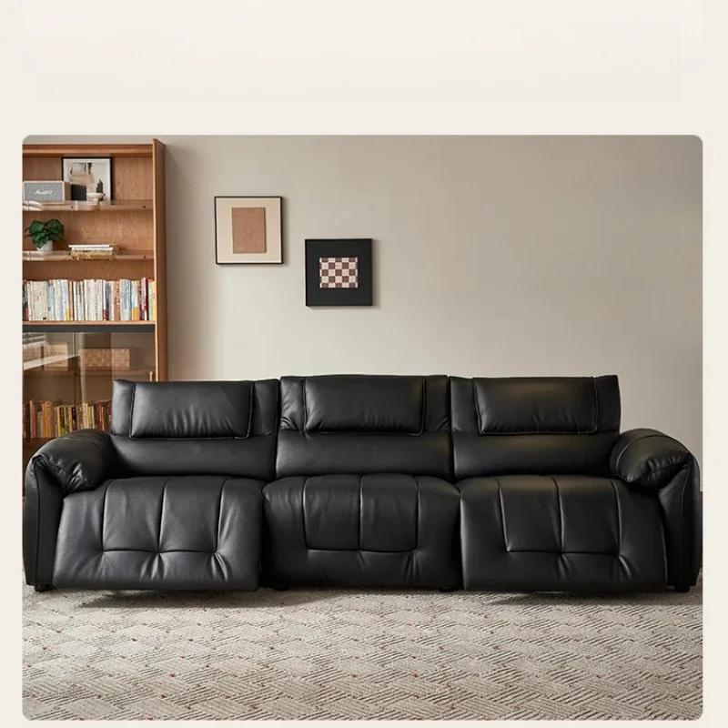 Electric functional leather sofa, living room small apartment large black cow straight row functional sofa