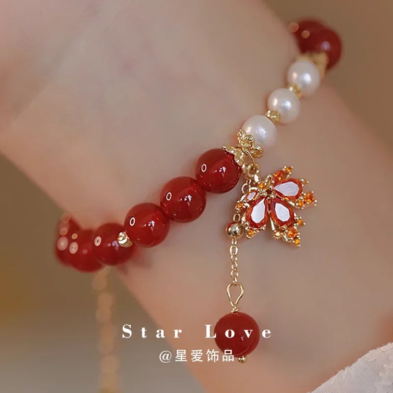 

Light Luxury Natural Red Agate Maple Leaf Bracelet Transporter Pearl Women's HandString Valentine's Day Girlfriend Birthday Gift