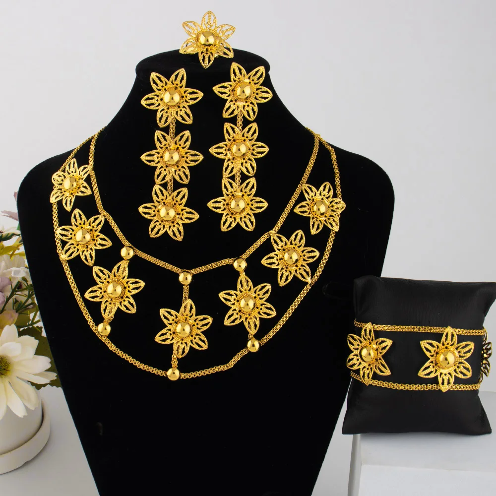 

hot selling necklaces earrings bracelets ring jewelry sets four-piece Dubai African Gold Color Flower bride wedding Party Gifts