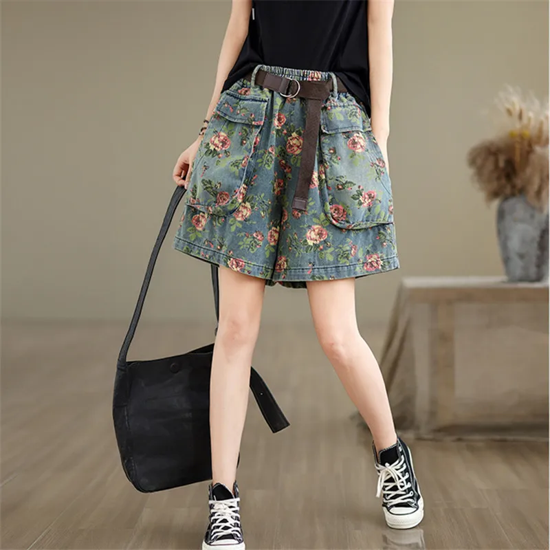 Jeans Summer Flower Print Mini Wide Leg Shorts Women Casual Loose Big Pocket Ruffle Pleated Woman Elastic Waist Denim Shorts