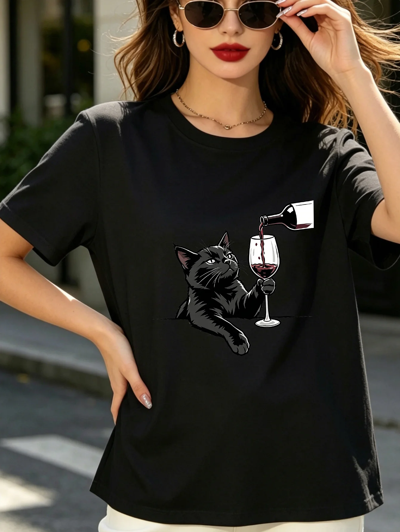 Women Crew Neck Tee Black Cat Wine Graphic Print Short Sleeve Loose Ladies Summer Soft Cotton Plus Size Casual Street Top
