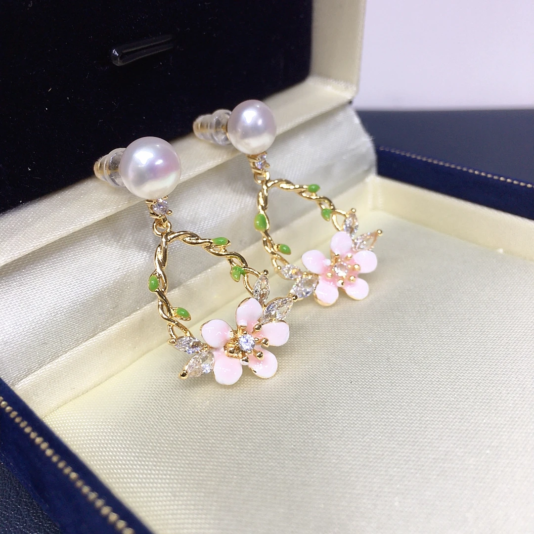 ZHBORUINI Freshwater Pearl Earrings 7-7.5mm Pink Flower Vine Design with Zircon High Jewelry Exquisite Cute Fresh Birthday Gift