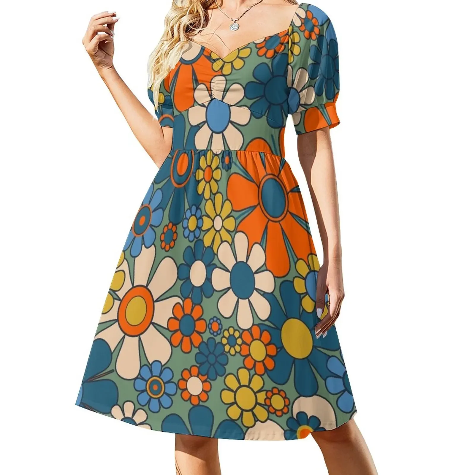 

Retro Garden Flowers Groovy Multicolor 60s 70s Floral Pattern Green Blue Orange Mustard Short-Sleeved Dress dress for women