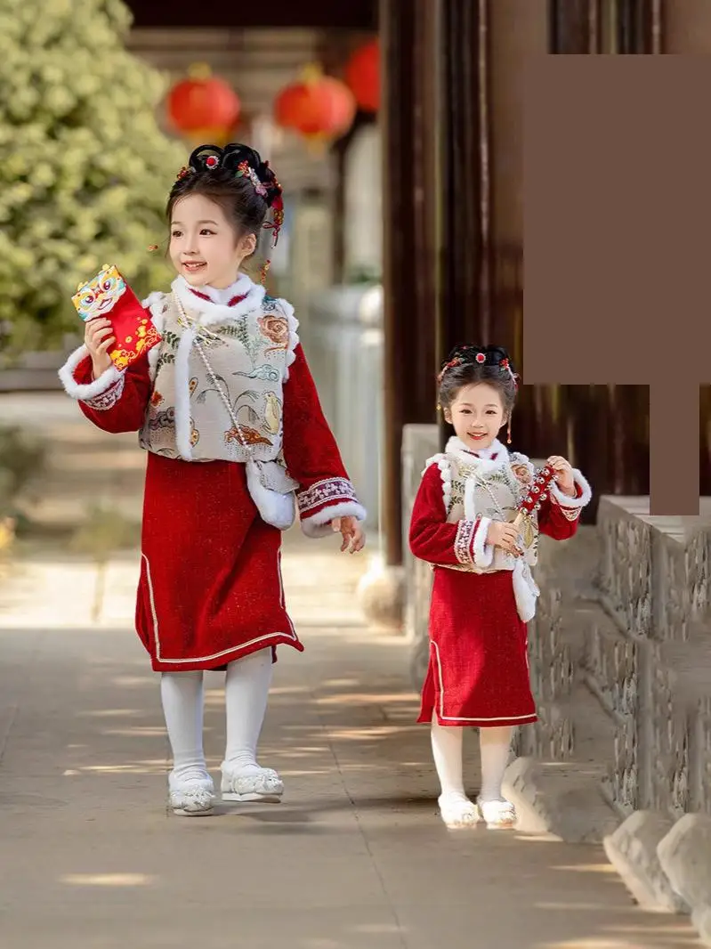 Roupas tradicionais chinesas de ano novo para meninas, hanfu, outono e inverno, cheongsam de bebê, pequenos trajes festivos vermelhos adicionam veludo