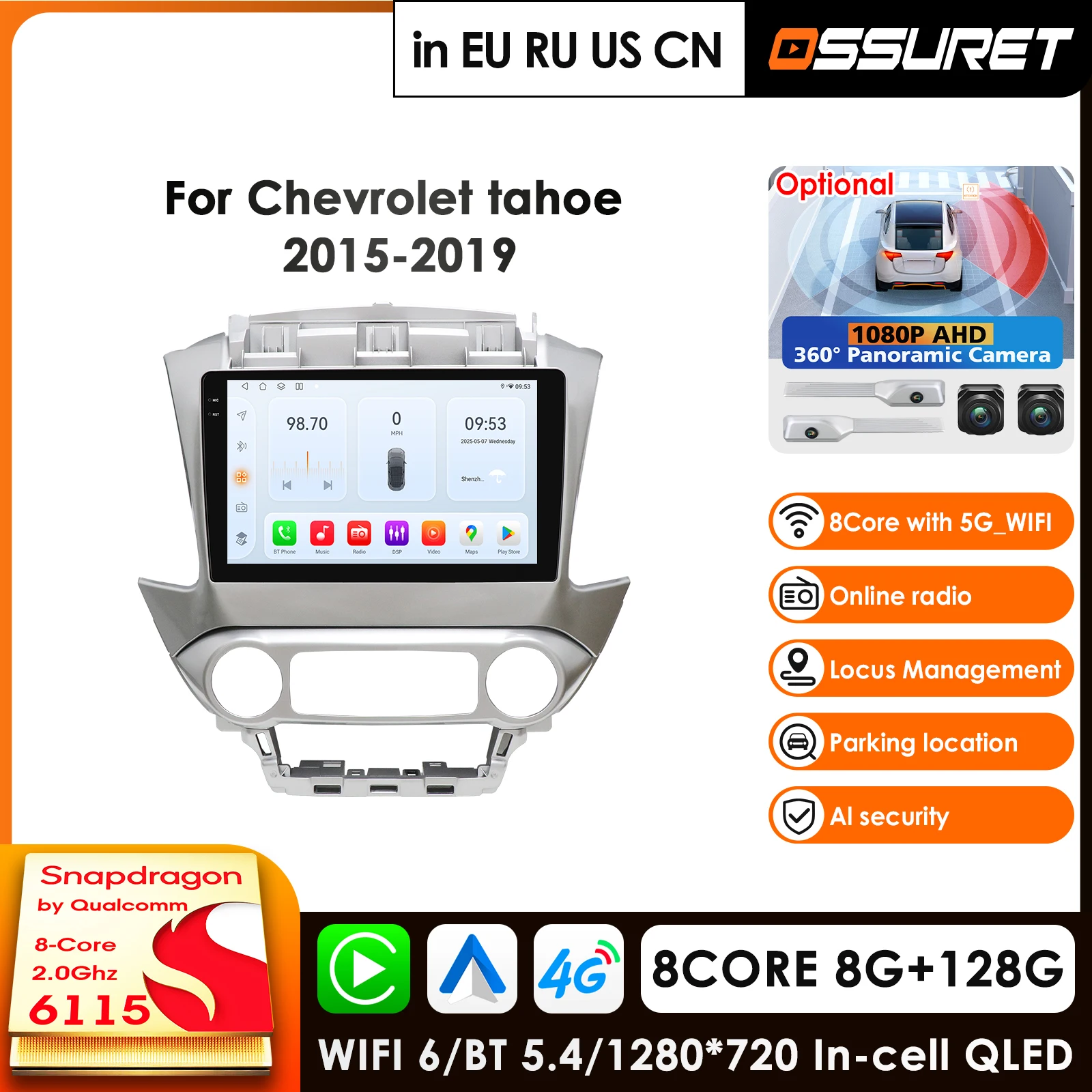 

OSSURET 10.1 Inch 6115 Carplay 4G 2 Din Android Car Radio for Chevrolet tahoe 2015-2019 Multimedia Player Autoradio 360° Camera