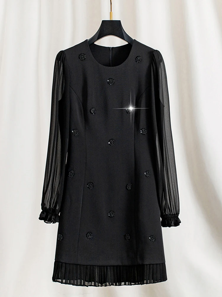 ZJYT Runway 2025 Primavera Manica lunga Abiti con perline per le donne Elegante O Collo Breve Office Party Abito casual Nero Bianco Vestido