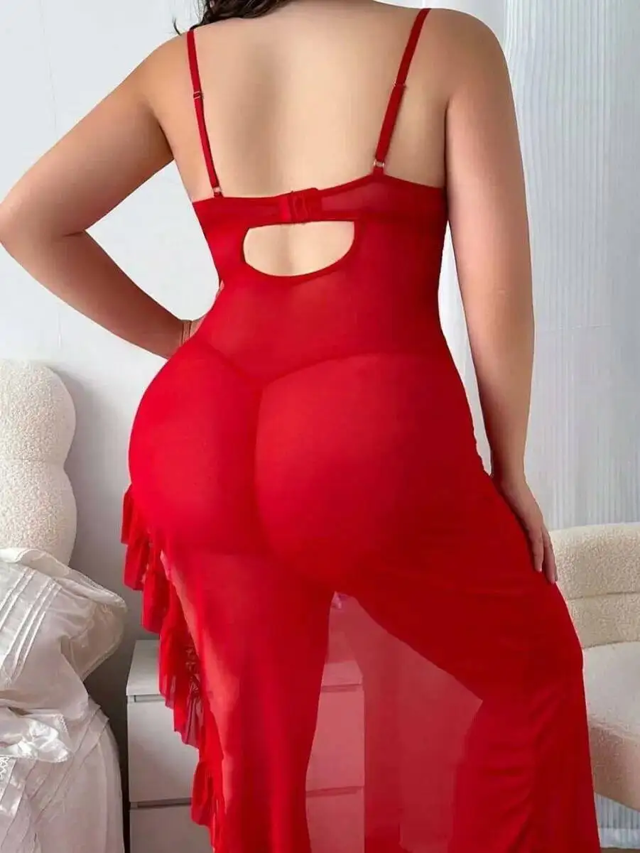 Chemise de nuit en dentelle rouge grande taille, maille transparente, ourlet à volants, écharpe pour femmes, romantique, saint-valentin, vêtements de nuit séduisants, robe élégante 5GUX
