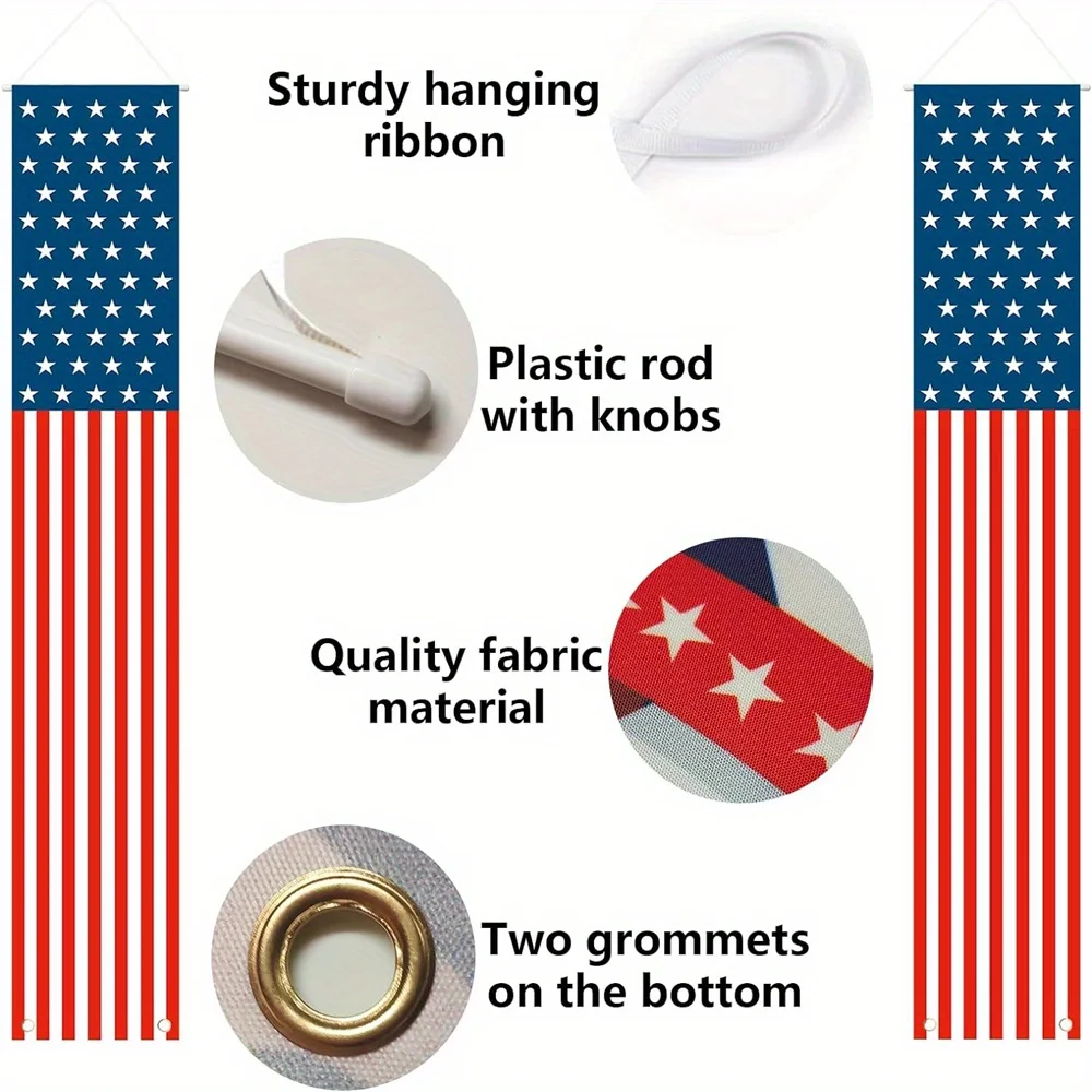 2pcs/pack 4th of July Patriotic Decorations Outdoor Hanging American Flag Banners Porch Sign for Veterans Memorial