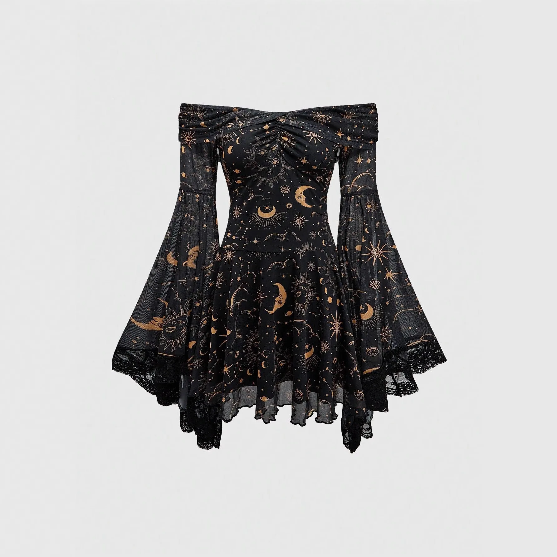 

Gothic Style Vintage Mystery Star Moon Long Sleeve A Line Dress Shoulder Bared Flared Sleeve Print Universe Galaxy Midi Dress