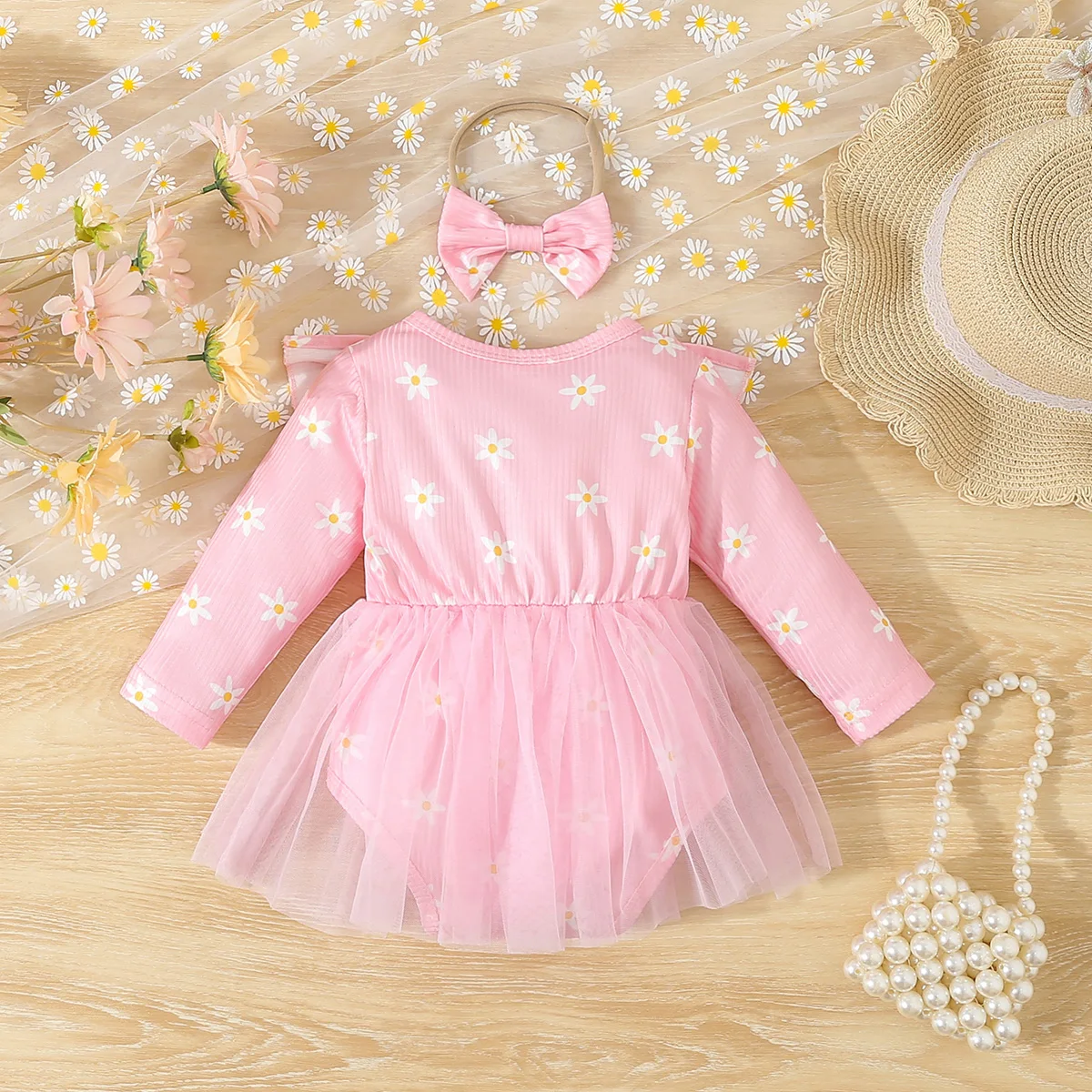 0-2 Years Newborn Baby Girl Dress with Headband 2PCS Suit Set Floral Long Sleeve Lace Mesh Sweet Dress Infant Girl Baby Clothing