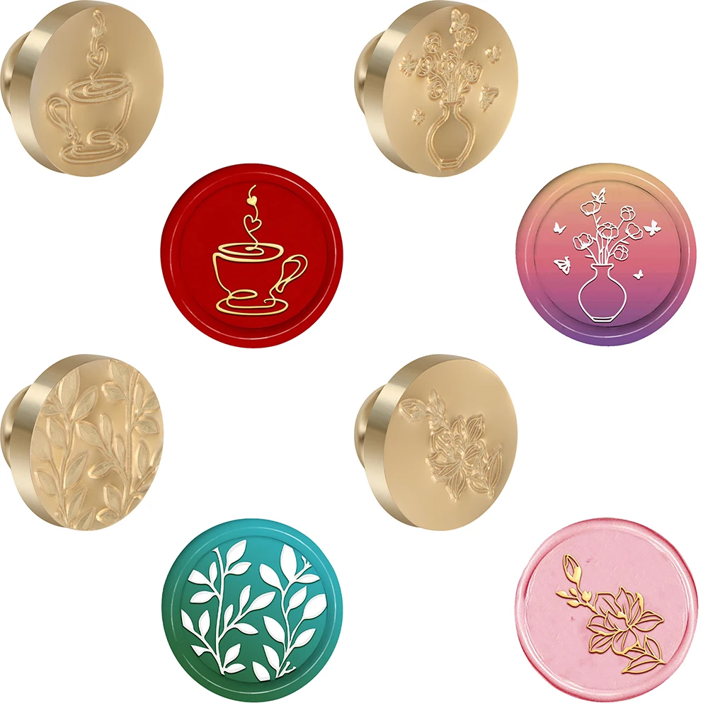 Wachssiegelstempel, Blumenzweig, Vase, Kaffee, Siegelwachsstempel, 25 mm, abnehmbarer Messingkopf für DIY-Hochzeitseinladungskarten 2024