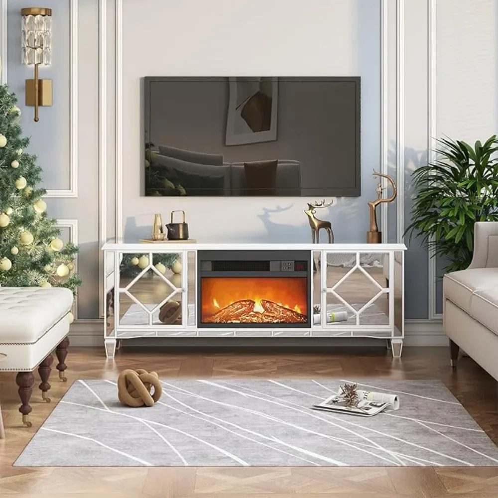 Mirrored TV Stand with Fireplace for 75+ inch TV, Silver Electric Fireplace Entertainment Center w/7 Colors Changing