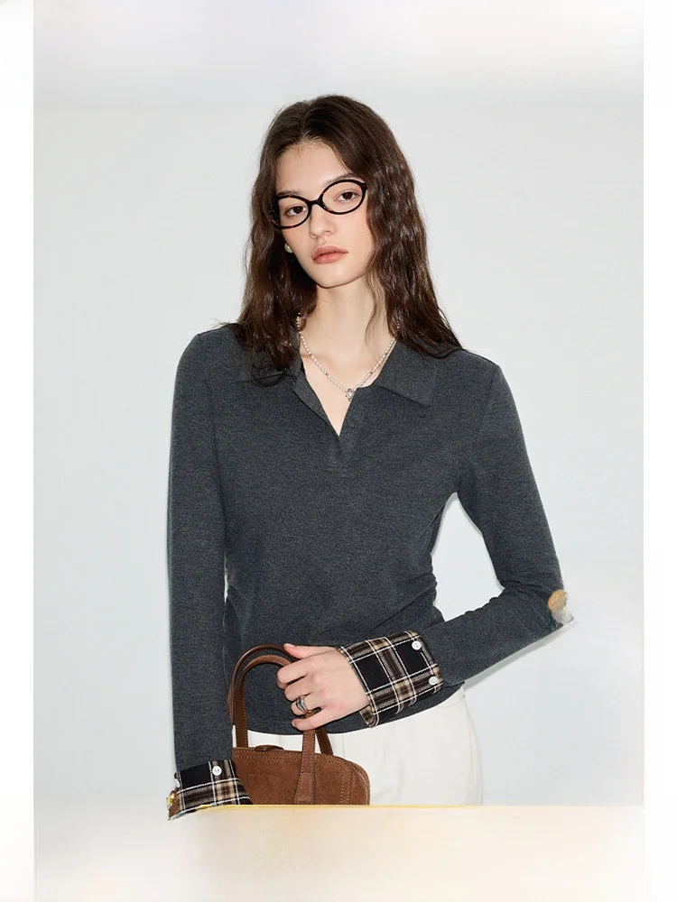 

plus Size Women's Long Sleeve T-Shirt Casual Style Inner Wear Base Shirt Top Spring Season Folded Hem Gored Splice Design