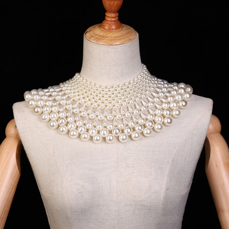 Sweet Wedding Dress Statement Decorative Necklace Fanshaped Irregular Faux Pearl Beading Bib Choker Fake Collar Jewelry Layered