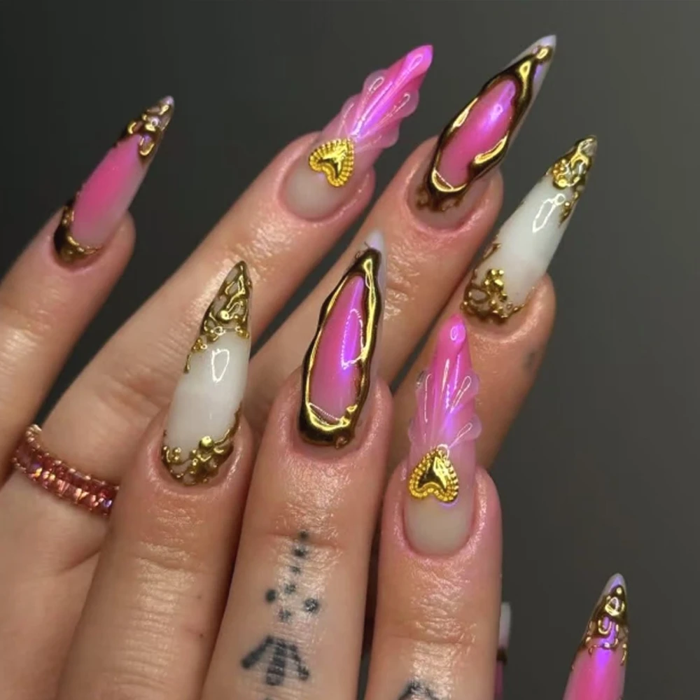 

Metal Love Heart 3D Shell Pattern Pink Halo Dyeing Y2K Pointed Fashion False Nails Detachable Finished Fake Nails Press on Nails