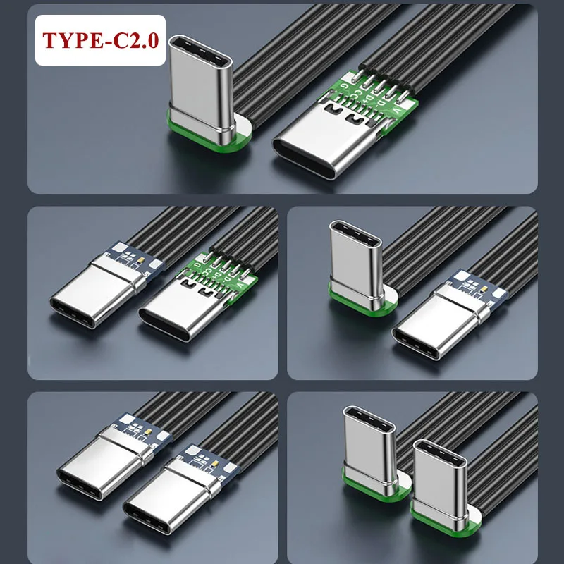 Гибкий плоский силиконовый кабель Type-C 2.0 (Type-C - Type-C) с левым/правым углом изгиба для телефонов-камер, быстрая передача данных PD65W, 480 Мбит/с