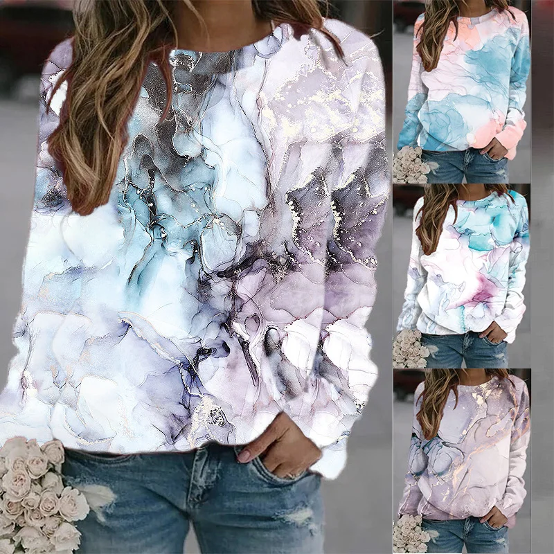 Marbling 3D Print Hoodies Long Sleeve Crew Neck Pullover Autumn Winter Loose Tees for Women Ladies Sweatshirt Blouse Mujer Y2k